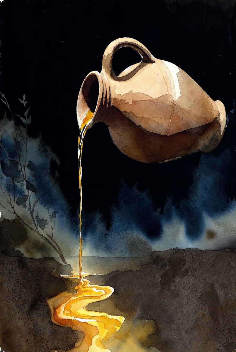 An ancient clay jug pouring golden oil that flows endlessly into the darkness