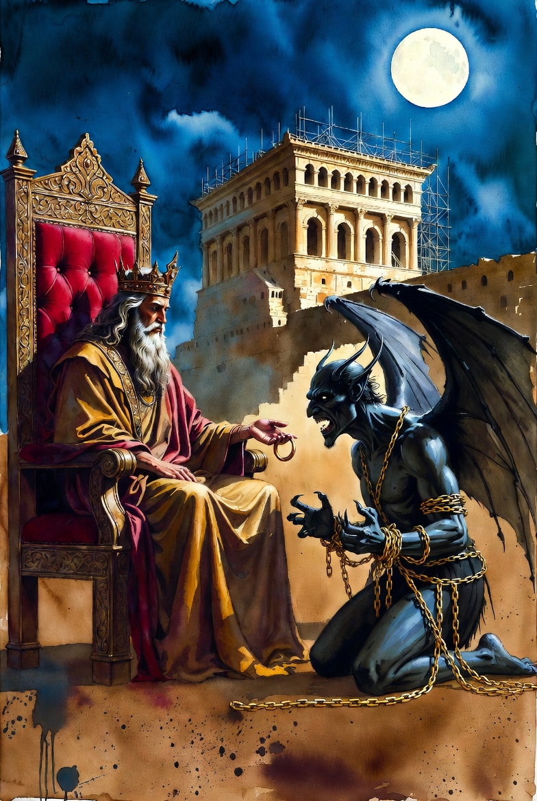 King Solomon commanding a chained demon before the half-built Jerusalem Temple under a full moon