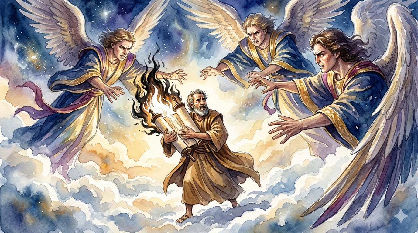 Moses clutching a burning Torah scroll while angels reach for it in heaven
